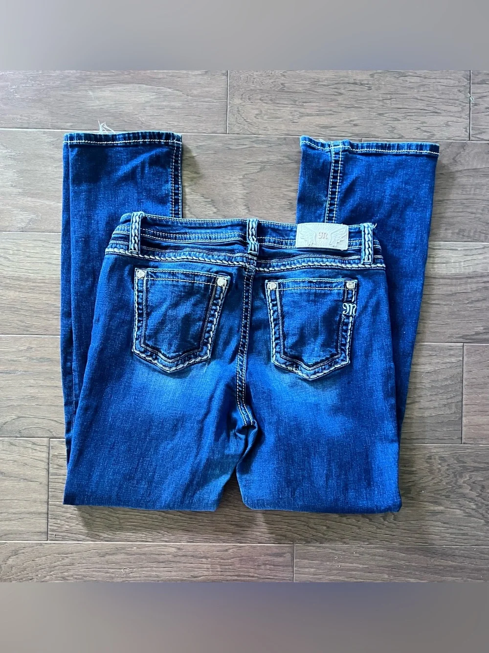 Miss Me Jeans Womens 32x31 Blue  Denim Mid Rise Rhinestone Embroidered Boot - Picture 3 of 7